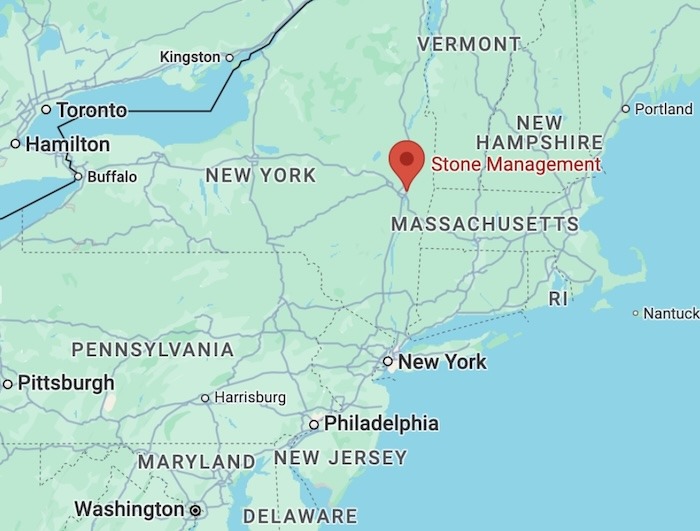 Where Stone Management is in relation to major cities and states in the northeastern United States.
